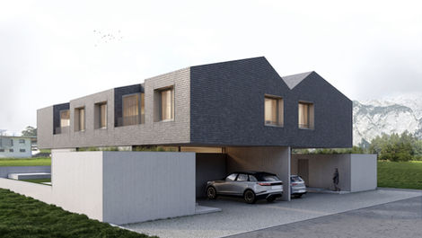 Zwei moderne Einfamilienhäuser mit klarer, minimalistischer Architektur. Der kompakte Baukörper verbindet zwei eigenständige Wohneinheiten unter einer gemeinsamen Formensprache. Geschützte Innenhöfe, präzise Fassadeneinschnitte und natürliche Materialien schaffen ein zeitgemäßes Wohnkonzept, das sich harmonisch in die umgebende Landschaft einfügt. Entwurf von ROECK Architekten aus Innsbruck.
