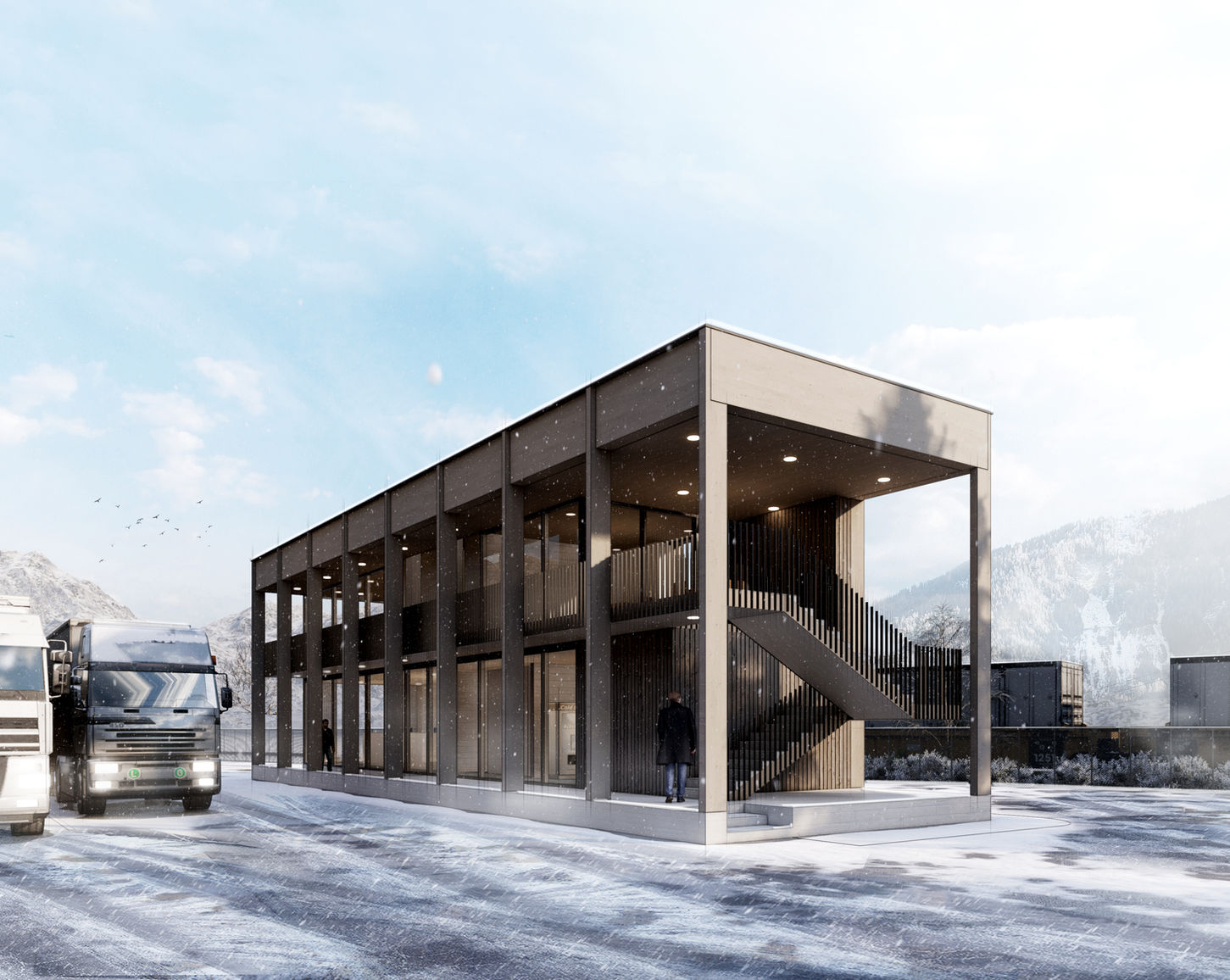 Zweigeschossiger Truckpoint aus Beton und Holz mit überdachter Außentreppe. Die offene Konstruktion und großzügige Verkehrsflächen optimieren die Abläufe für anliefernde LKW.

ROECK Architekten, Architekt Innsbruck, Architektur Tirol, Infrastruktur, Gewerbe Architektur, Truckpoint