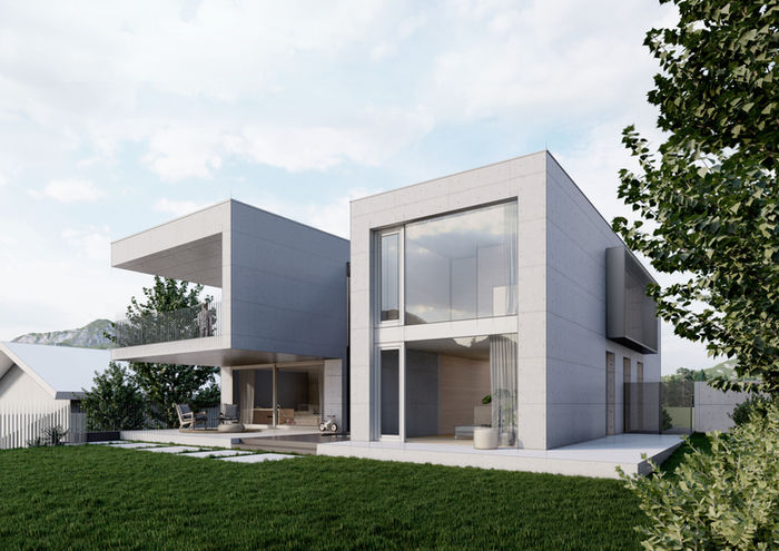 Modernes Wohngebäude mit Beton- und Glasstruktur, auskragenden Volumen und subtiler Drehung der Baukörper – Architektur von ROECK Architekten in Tirol.  Neubau Wohnhaus, Architekt Innsbruck, Architekturbüro Innsbruck, Architekt Tirol, Neubau Wohnhaus Innsbruck, ROECK Architekten, Karlheinz Röck, Matthias Röck