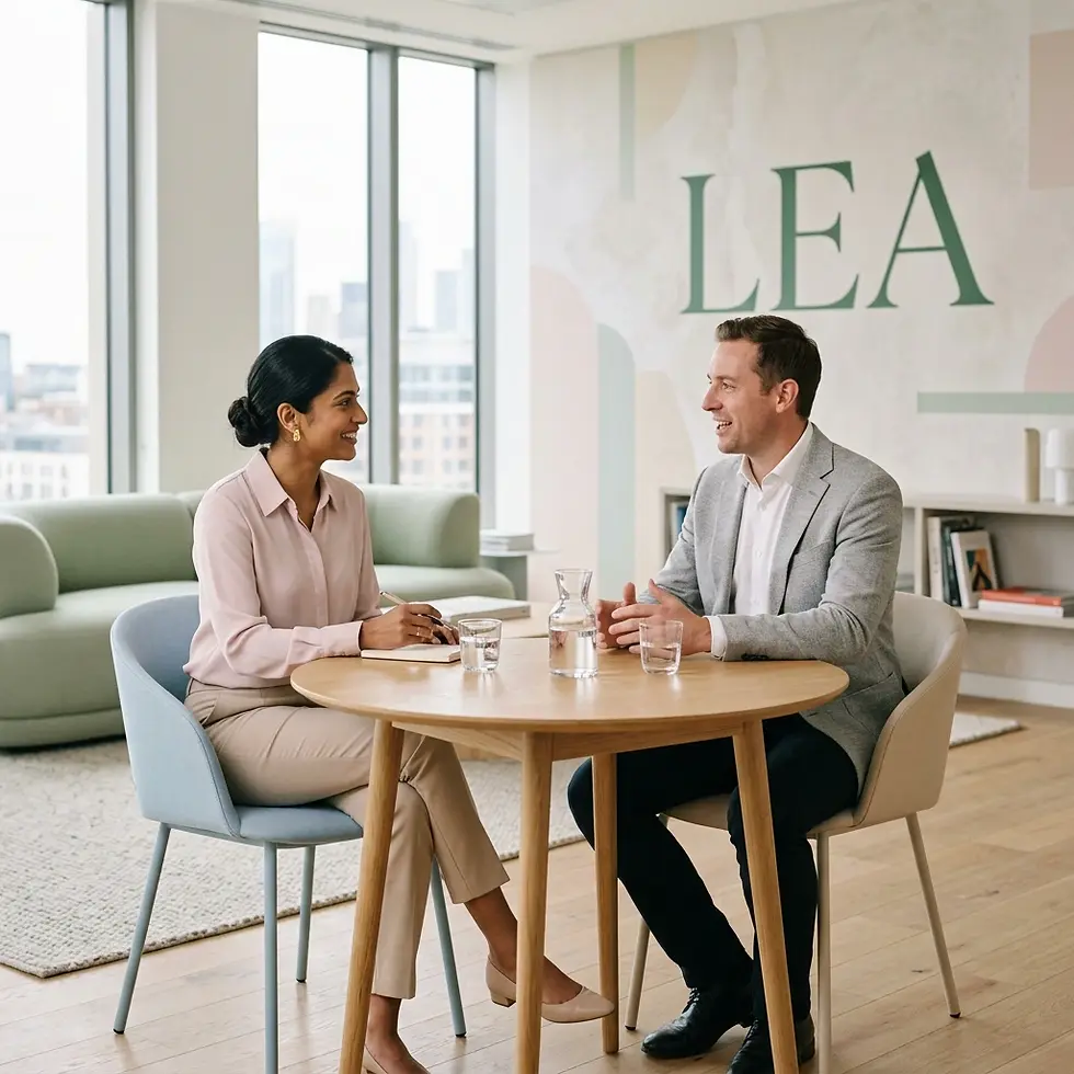 Commercial photography of two professionals engaged in a business conversation at a round table in a modern office. They are smiling and appear to be collaborating.