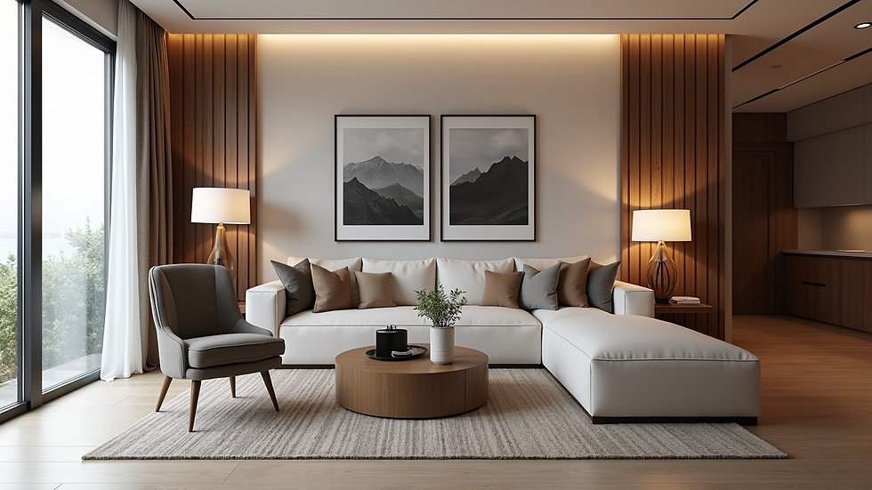 Eye-level view of a beautifully styled living room featuring high-end furniture and decor