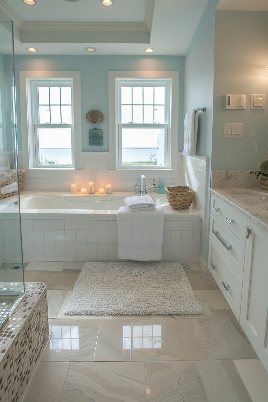a bathroom with a bathtub and two windows
