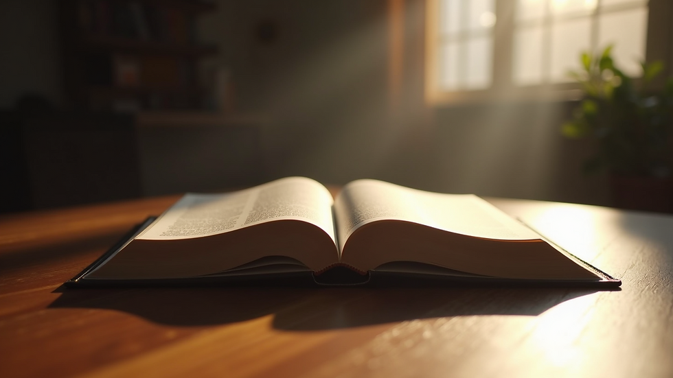 Eye-level view of an open Bible on a wooden table with a light shining down