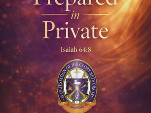 Purple, gold, and orange church-themed graphic reading “Prepared in Private” with Isaiah 64:8, Manifestation of His Glory Network, Inc., and Dr. Apostle G. Denise Gray.