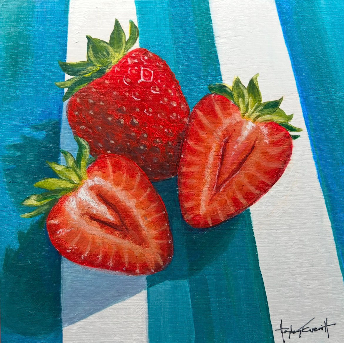‘Summertime Strawberries,’ 5x5inch Original Acrylic Painting on Wood Board