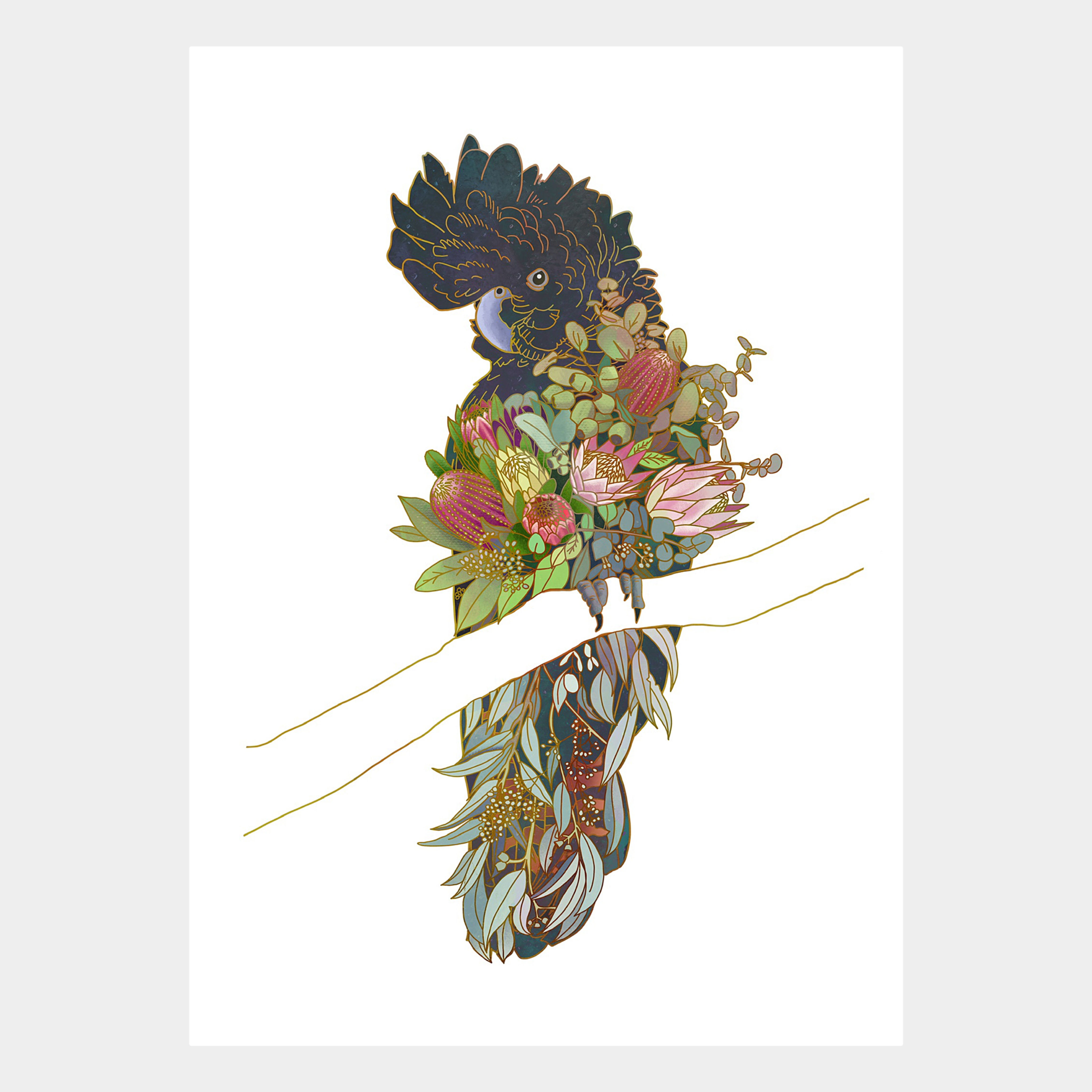 ‘Black Cockatoo with Floral Embellishments’ print
