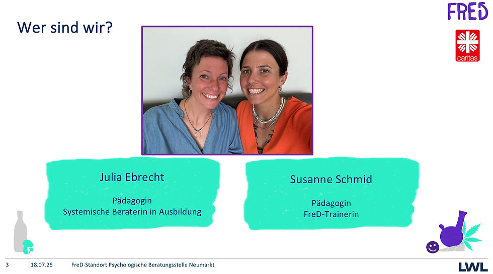 Susanne und Julia stellten im Juli sich, die Psychologische Beratungsstelle der Caritas (beim Johanneszentrum) und das Programm FreD allen 9. und 10. Klassen vor.