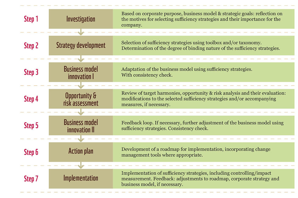 Seven steps to implementing sufficiency strategies in companies. Step 1: Investigation. Step 2: Strategy development. Step 3: Business model innovation 1. Step 4: Opportunity and risk assessment. Step 5: Business model innovation 2. Step 6: Action plan. Step 7: Implementation.