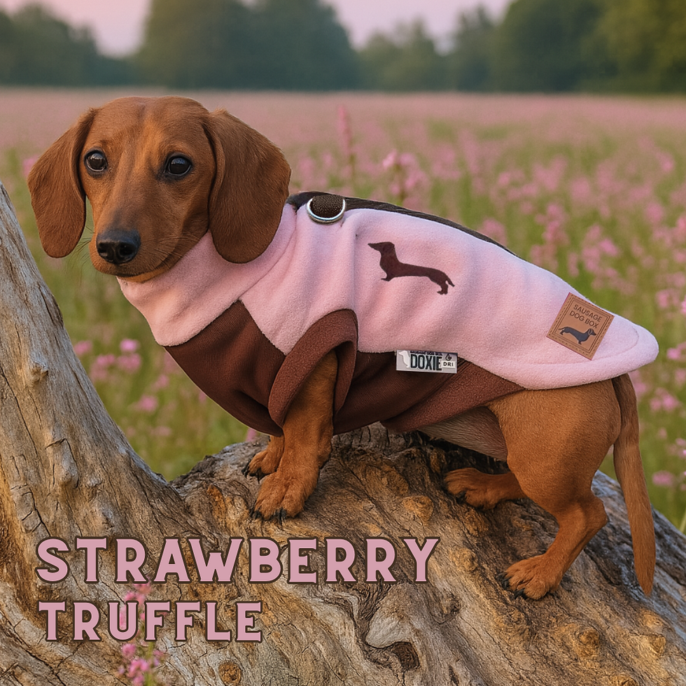 dachshund in a light pink step in sweater