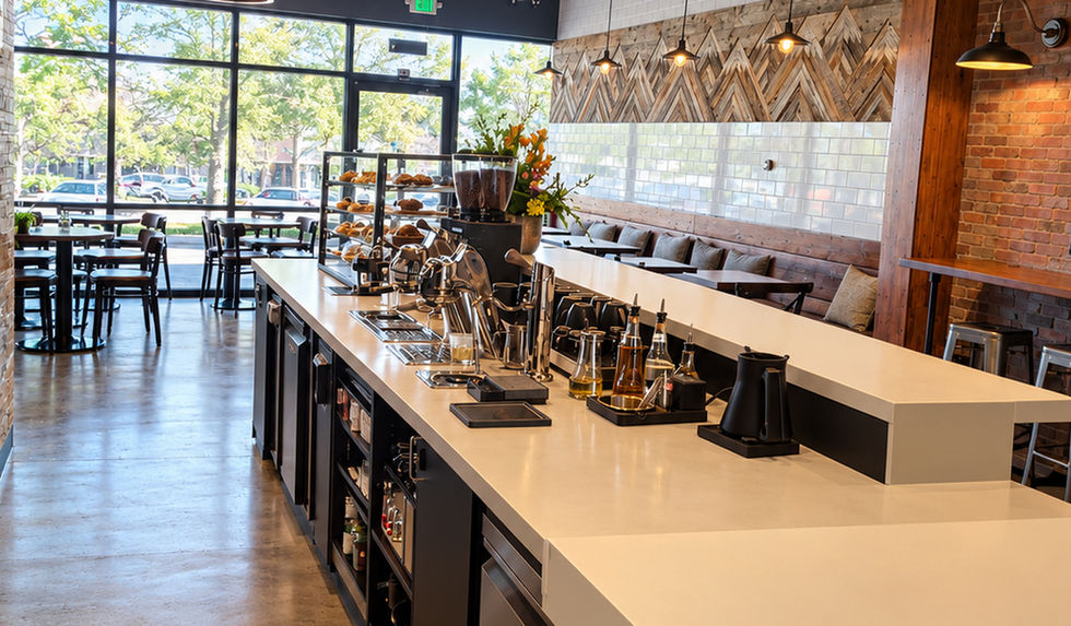 Long white service counter running toward the storefront windows, with pendant lights, a pastry display and a herringbone wood accent wall