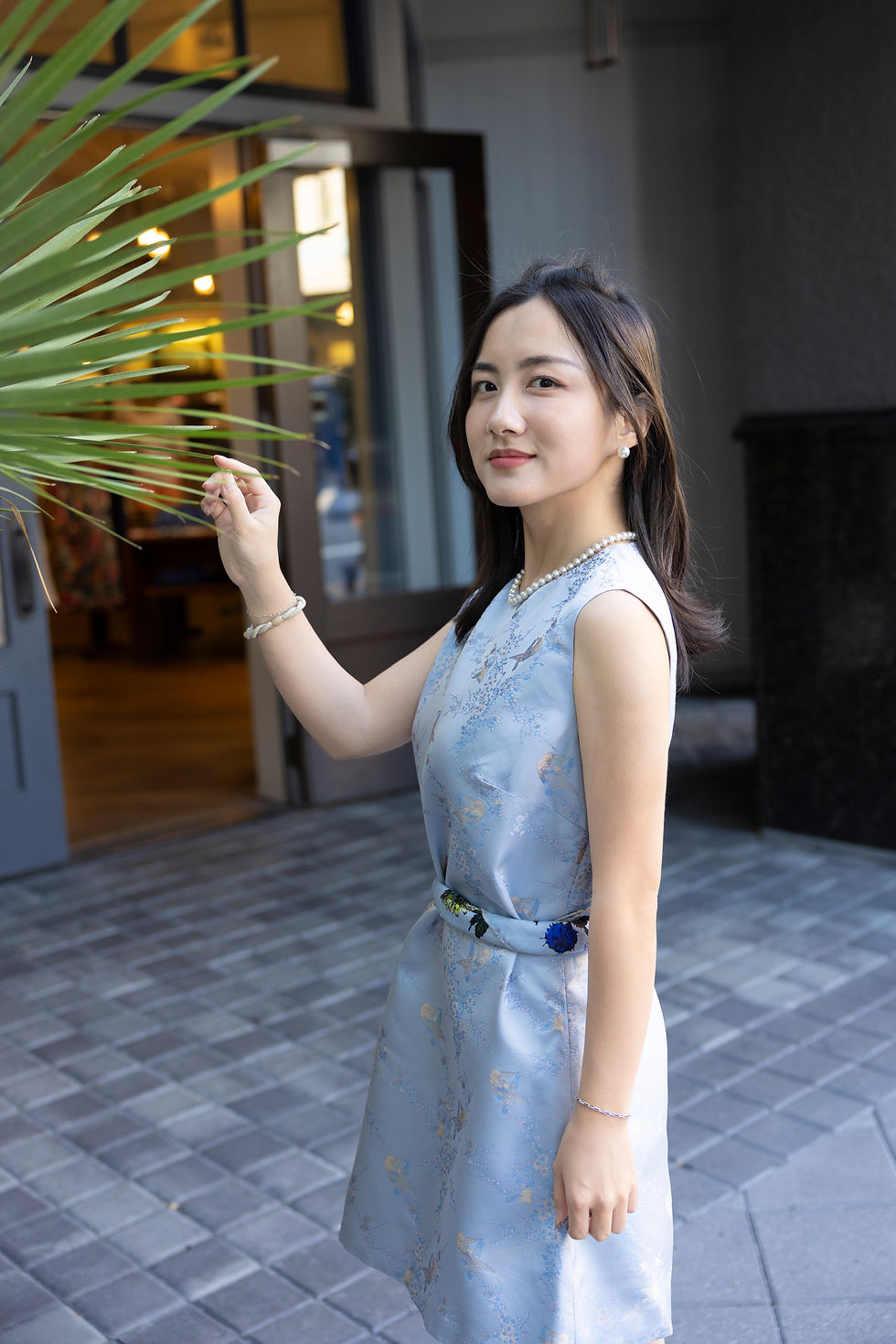 Thumbnail: Baby Blue Bird Pattern Silk Stain A-line Midi Dress