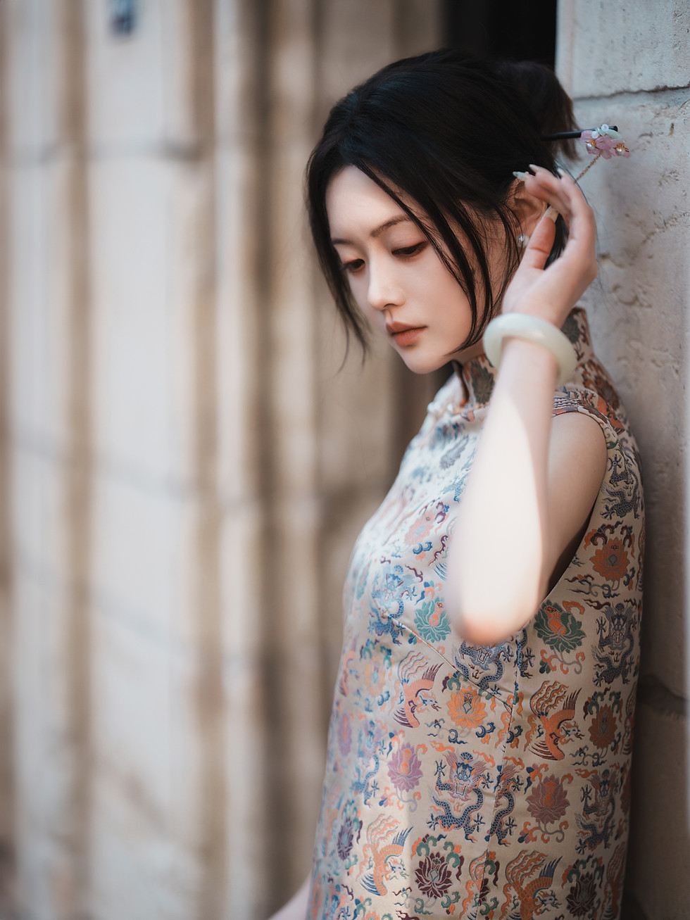 Thumbnail: Dragon and Phoenix Pattern Songjin Silk Stain Midi Dress