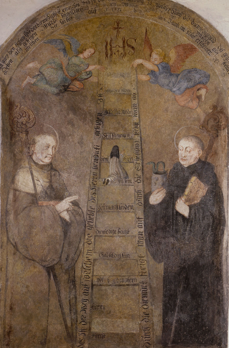 Fresko in der alten Bibliothek von Seligenthal, Bernhard und Benedikt neben einer Demutsleiter, die von einer Nonne bestiegen wird