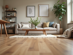 Eye-level view of a stylish living room featuring attractive laminate flooring