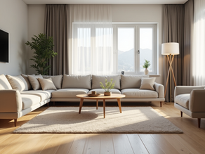 Wide angle view of a stylish living room featuring budget-friendly laminate flooring