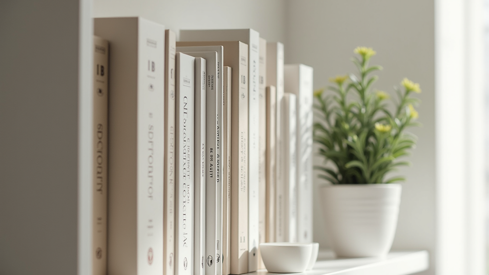 Close-up view of a minimalist shelf with neatly arranged books and a small plant
