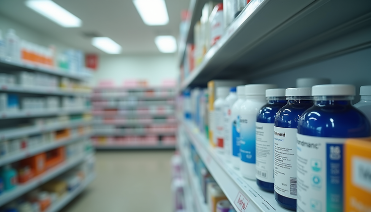 Eye-level view of a well-organized Australian pharmacy shelf with various medicines and health products