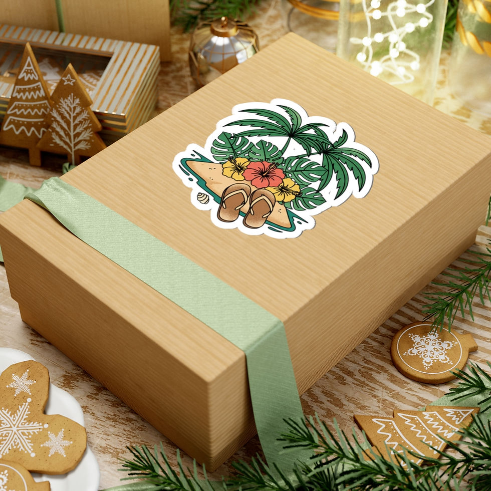 Thumbnail: Gift box with island sticker and green ribbon with festive Christmas background