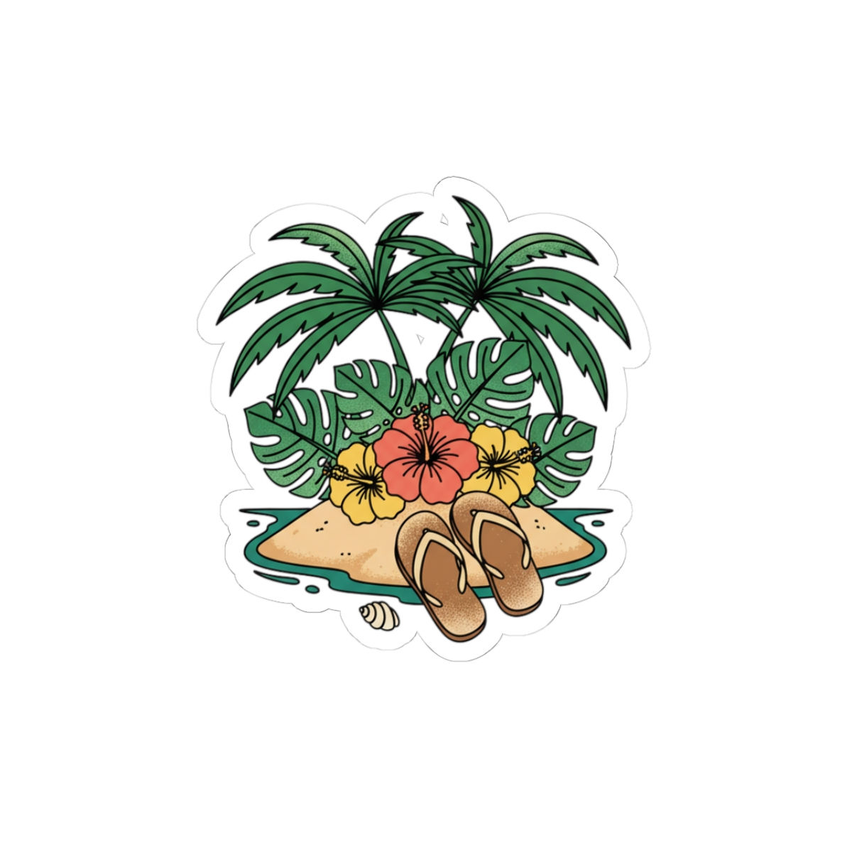 Island scene with palm trees, flowers, flip flops, and sand, tropical vacation.