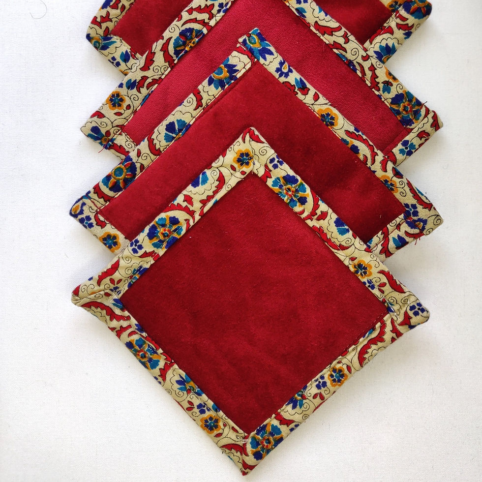 Thumbnail: Ruby Red upcycled coasters with print border (Set of 4)