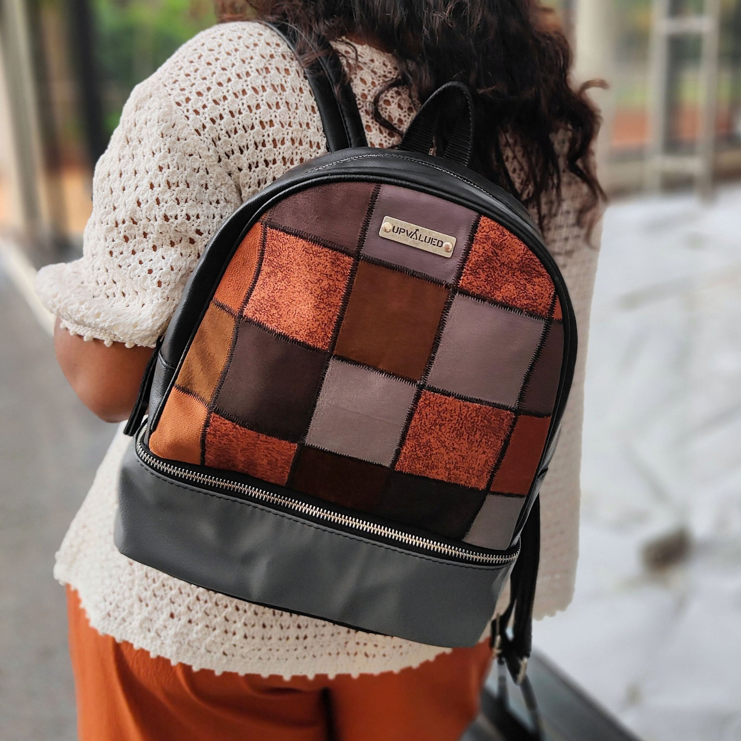 Patchwork Small Backpack in Rust, Warm Brown & Charcoal Grey