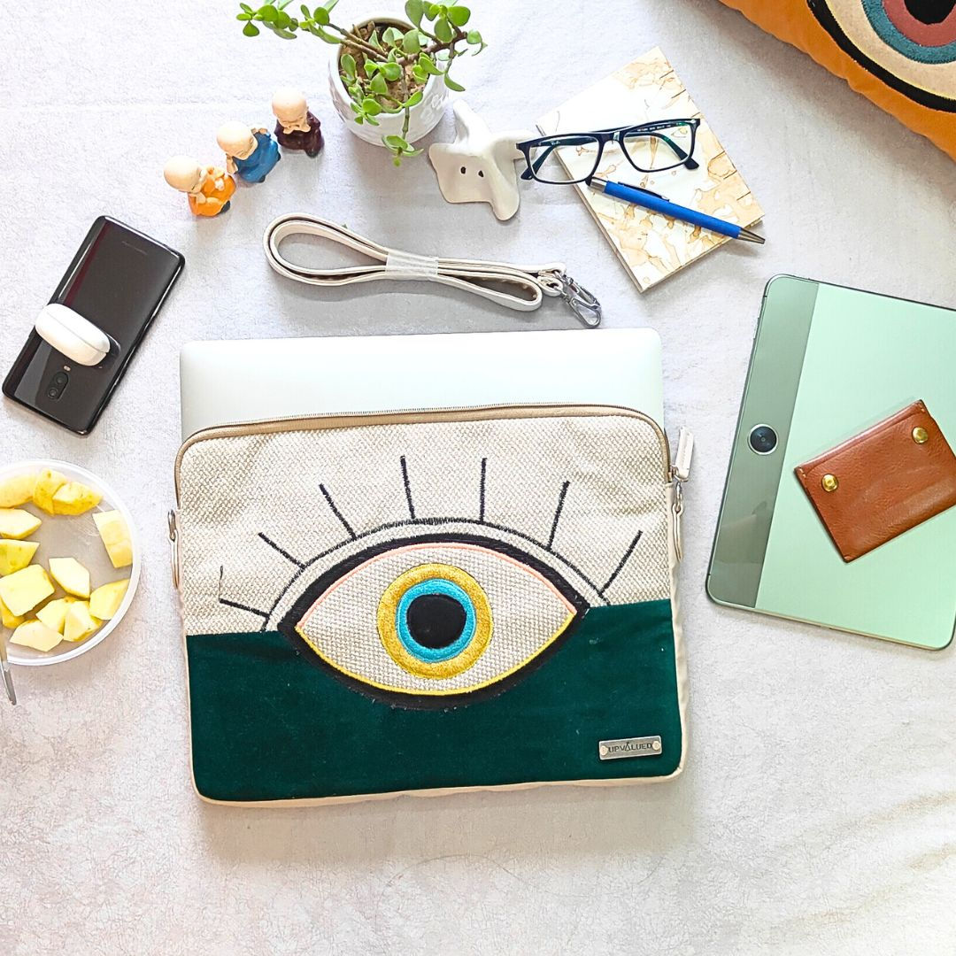Green & Beige evil eye laptop sleeve (Upto 16 inches)