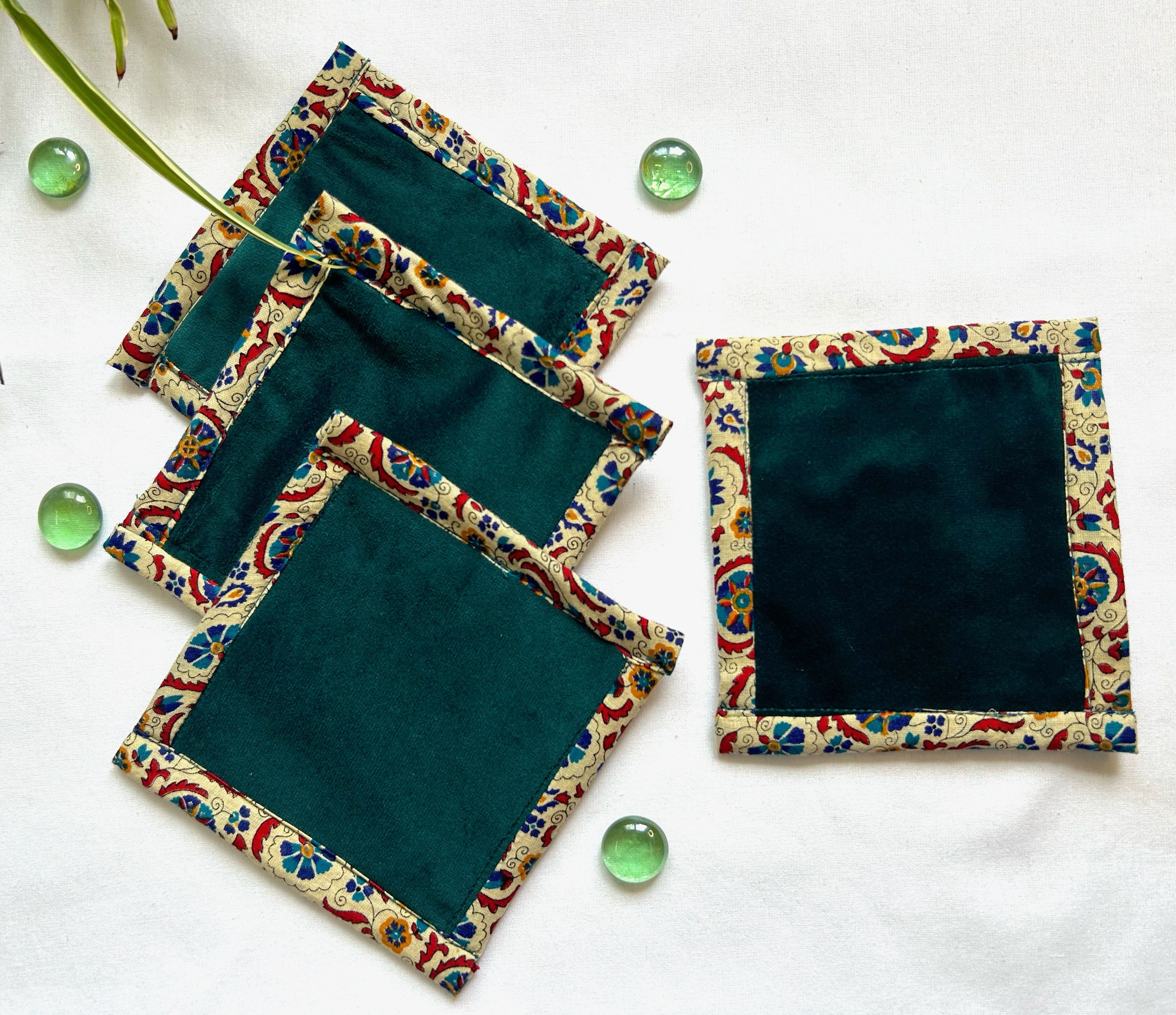 Emerald green upcycled coasters with print border (Set of 4)