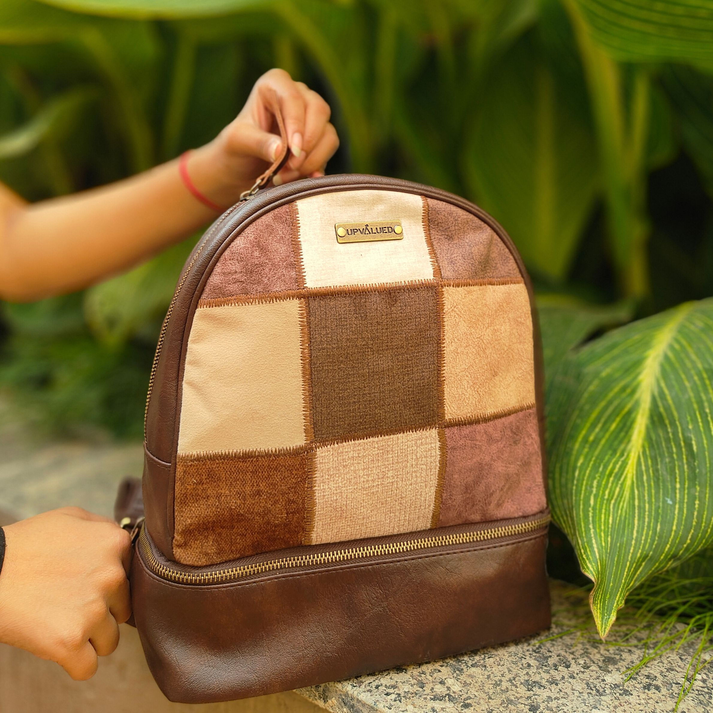 Patchwork casual backpack in warm earth & taupe
