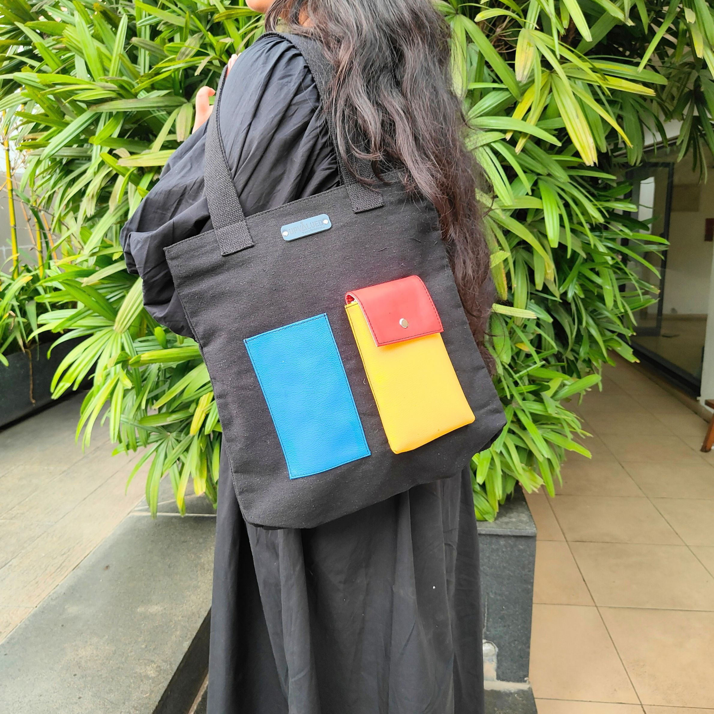 Upcycled canvas bright multicolor patch pocket tote