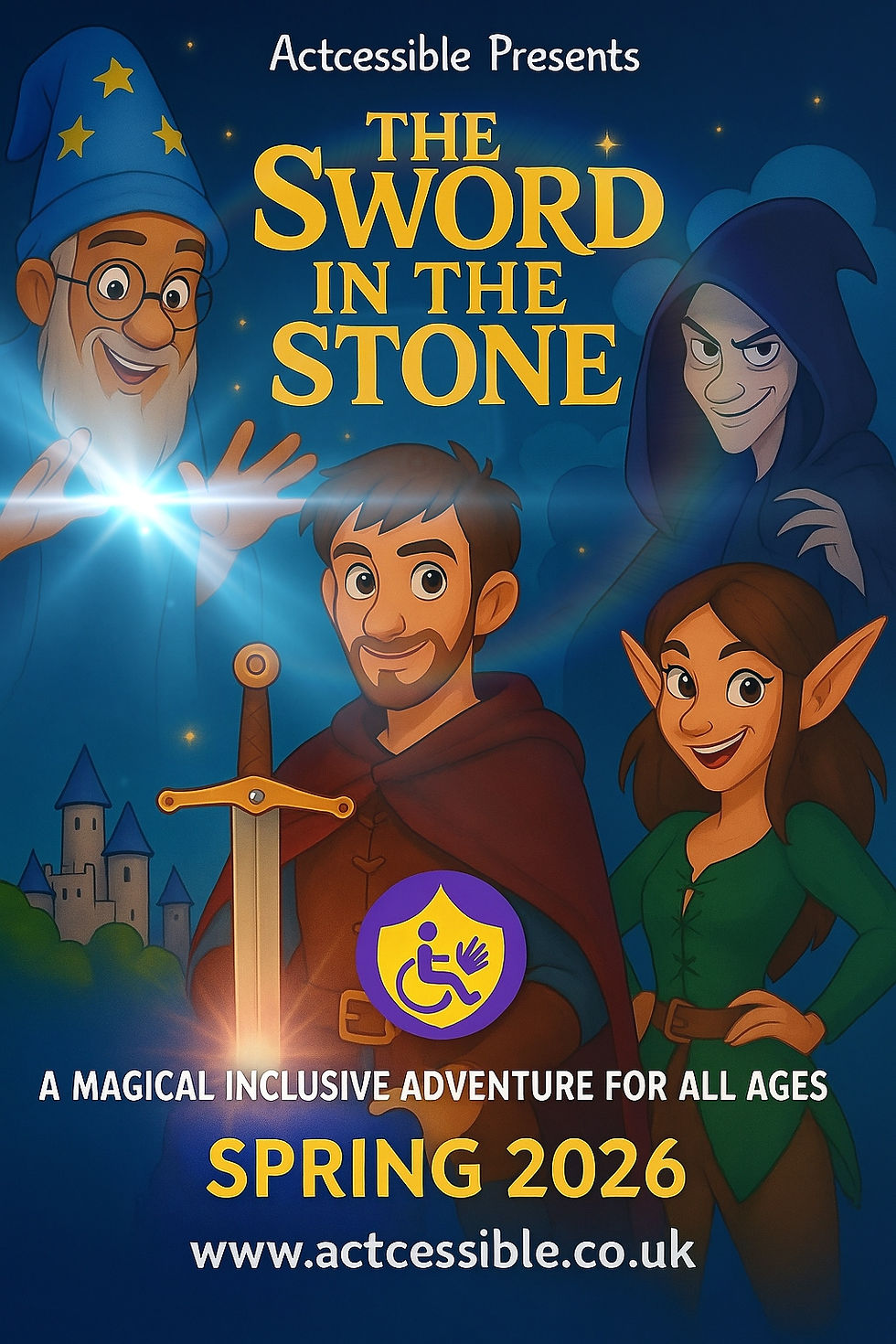 Poster for "The Sword in the Stone" with text and characters, Spring 2026, Actcessible.