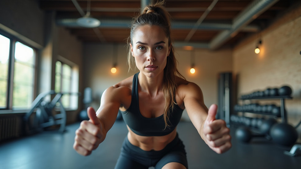 Eye-level view of a female personal trainer demonstrating an exercise in a home gym