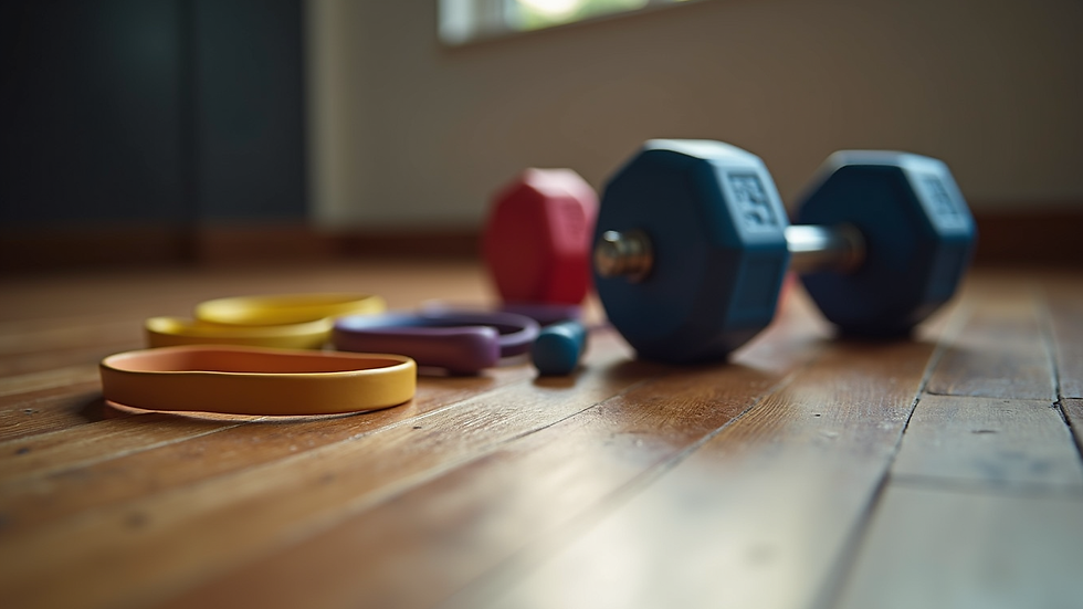 Close-up view of resistance bands and dumbbells on a wooden floor