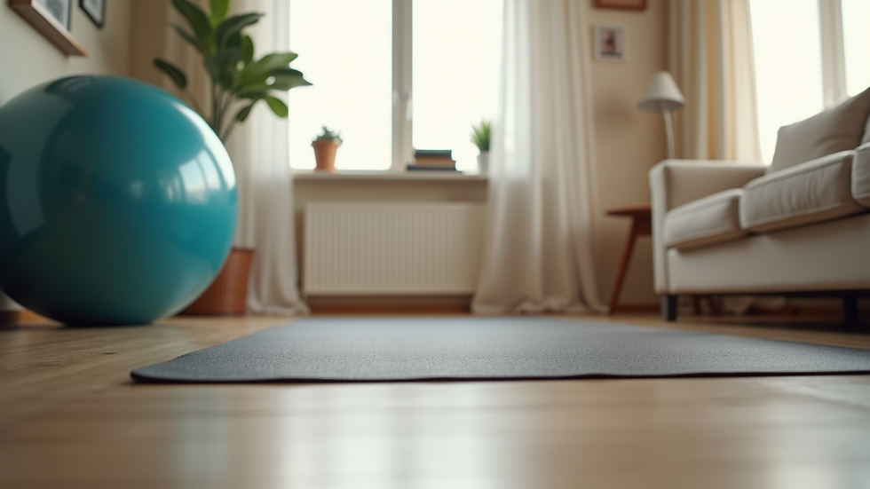 Eye-level view of a calm home workout space with a yoga ball and mat