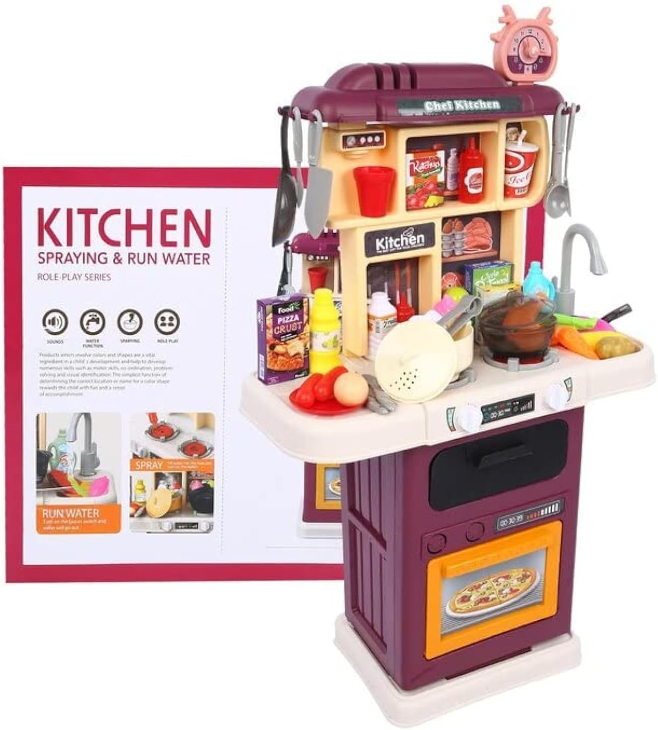 Kids Play Kitchen Set with Running Water, 64 Pieces, Interactive Cooking Playset