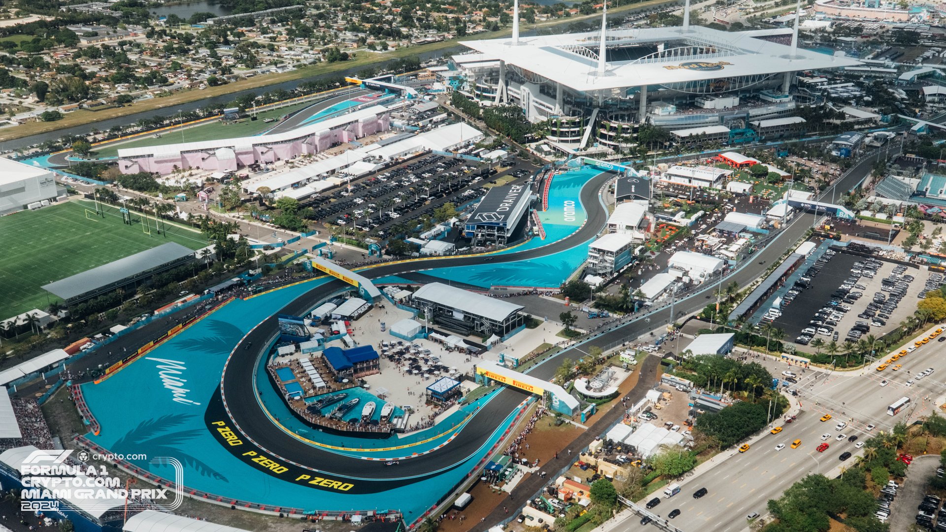 Aerial view of F1 Miami Grand Prix at Hard Rock Stadium