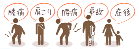 膝痛、肩こり、腰痛、事故、産後の症状