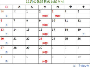 11月の休診日のお知らせ