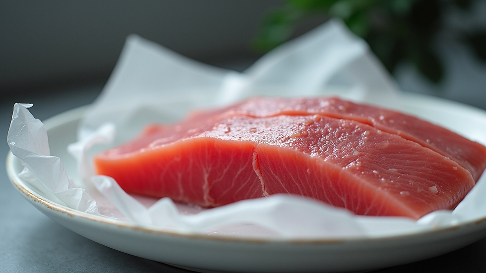 Close-up view of vacuum-packed fresh tuna ready for shipment