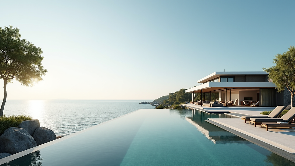 Eye-level view of a luxury waterfront villa with modern architecture