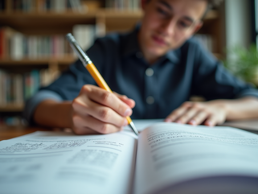 Eye-level view of a student studying physics textbooks and notes