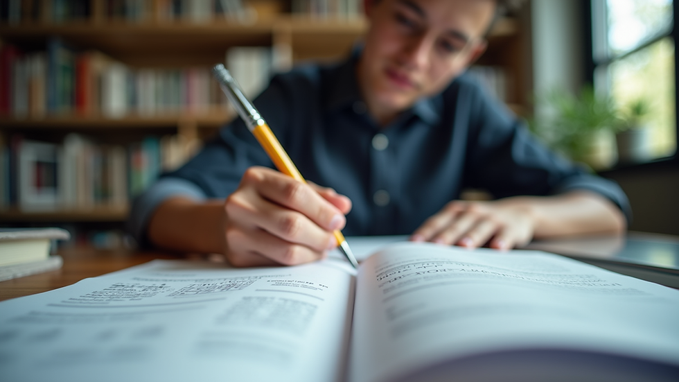 Eye-level view of a student studying physics textbooks and notes