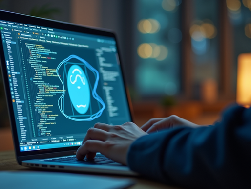 Eye-level view of a student coding on a laptop with AI diagrams on screen