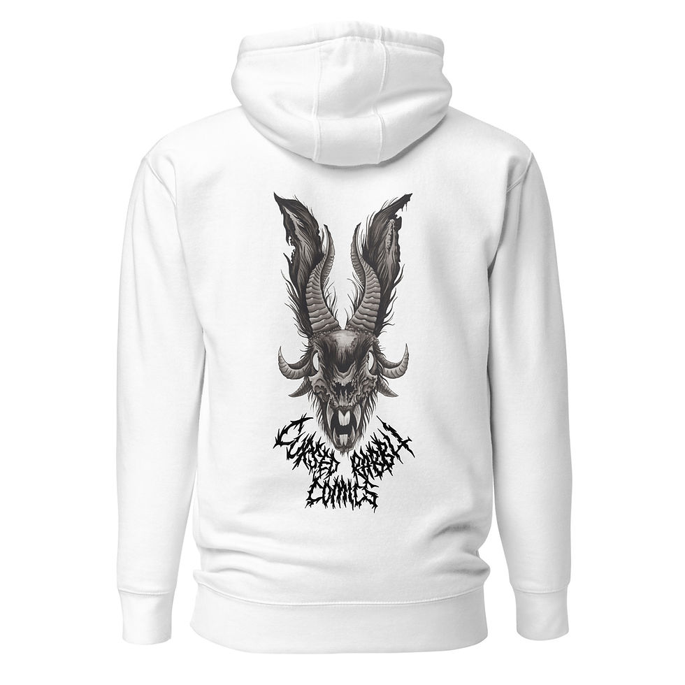 Thumbnail: Cursed Rabbit Comics merchandise: White hoodie with demonic rabbit skull design.