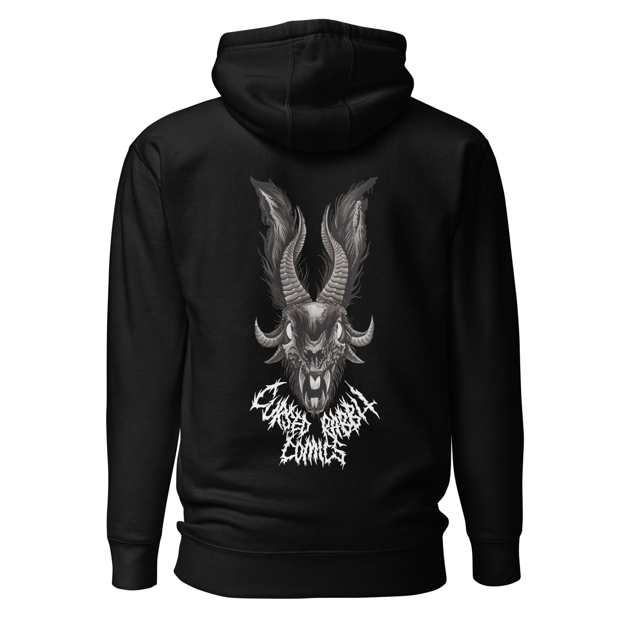 Cursed Rabbit Comics merchandise: Black hoodie with demonic rabbit skull design.