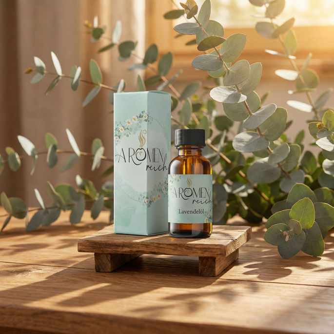 Schachtelverpackung und braune Glasflasche des „Aromenreich Lavendelöl“ auf einem Holztisch vor Eukalyptuszweigen im warmen Sonnenlicht; das in sanften Grün- und Naturtönen gestaltete Design von Sarah Payer für Angelika Fink (Aromatherapie in Petzelsdorf bei Fehring) vermittelt Natürlichkeit, Qualität und die beruhigende Wirkung ätherischer Öle.