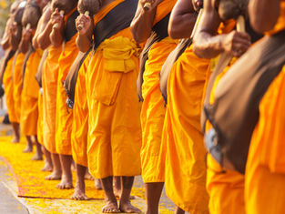 Buddhist Monks Standing in a Walk Line
