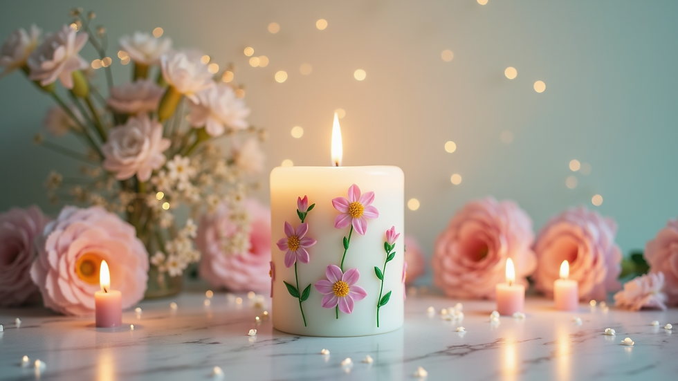 Eye-level view of a decorated baptism candle with pastel colors and floral details