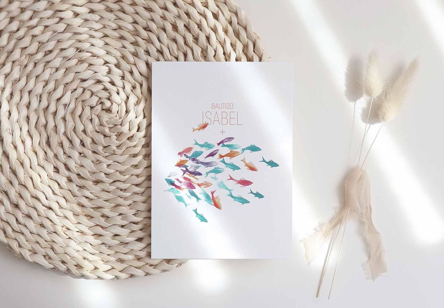 Recordatorio con dibujo de peces de colores