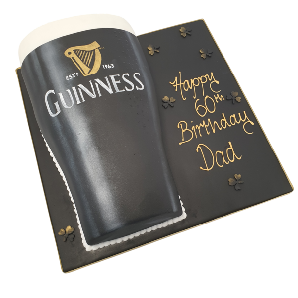 A beautifully crafted Guinness-themed cake with a realistic pint glass design, perfect for beer lovers and special occasions in UK.
