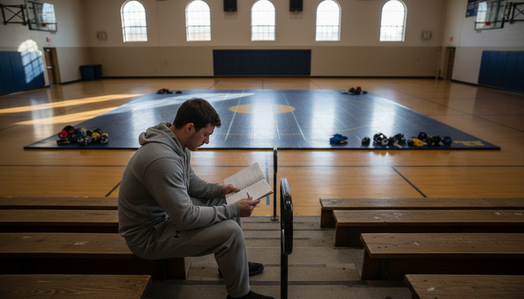 Eye-level view of a wrestler reviewing notes in empty bleachers before practice.